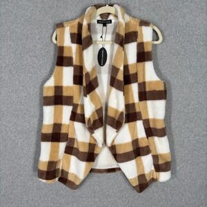 Sherpa Vest Large Tan Cream Plaid Drape Pocket Soft Fuzzy Neutral Boho Southwest